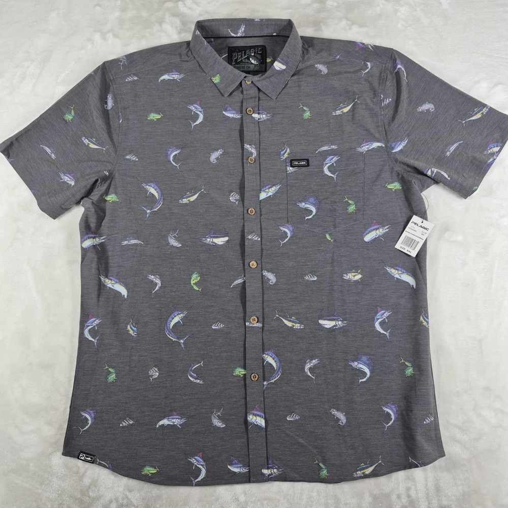 Pelagic Dockside Gamefish Stretch Woven Shirt Men's 2XL XXL Black Gray NWT‎